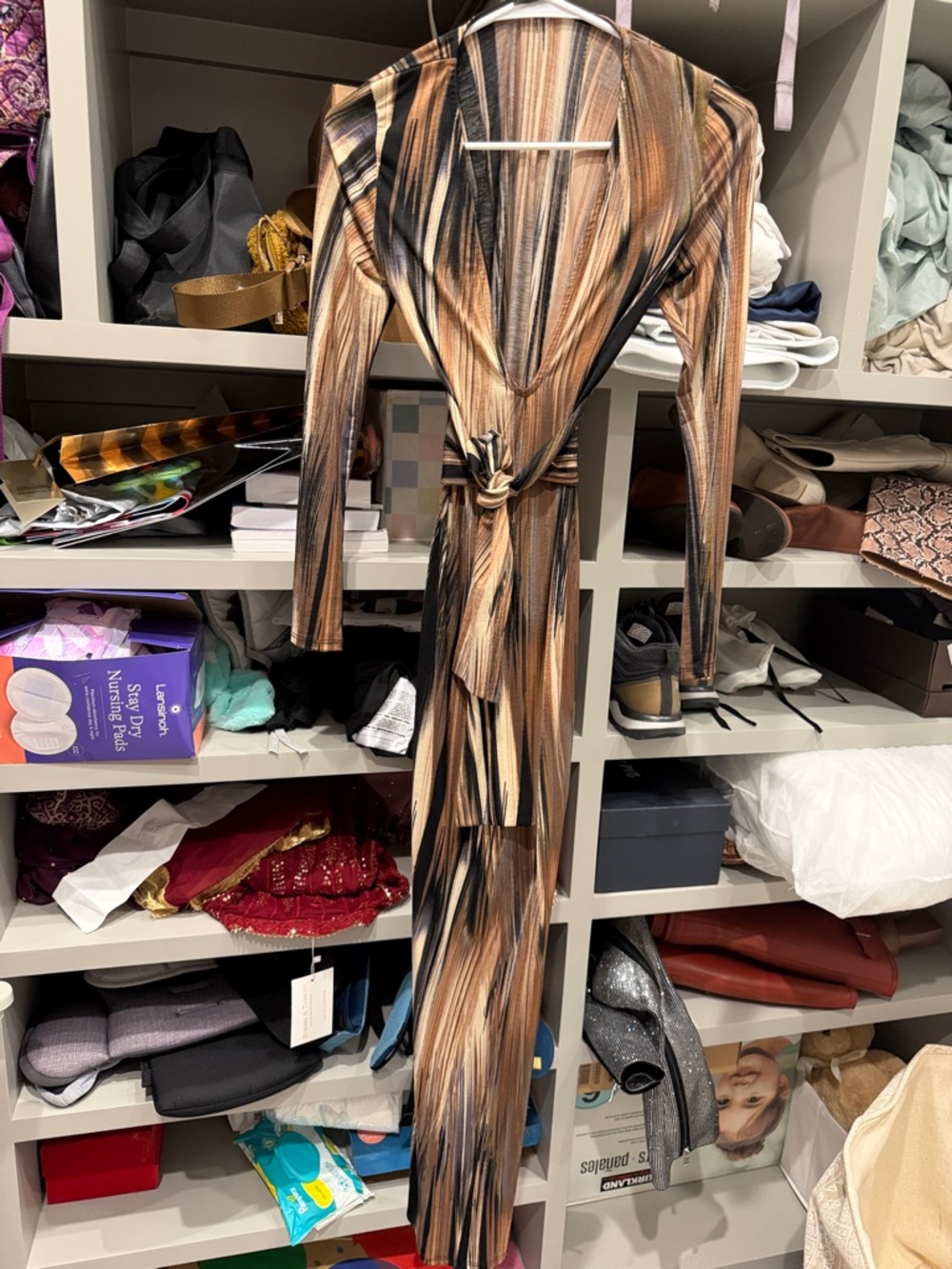 Women’s Long Sleeve Plunge maxi Dress in Brown Stripe
